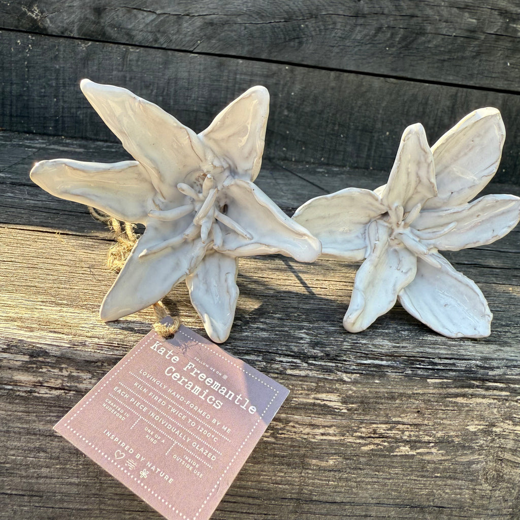 Pair of white ceramic flowers on a wooden surface with a label.