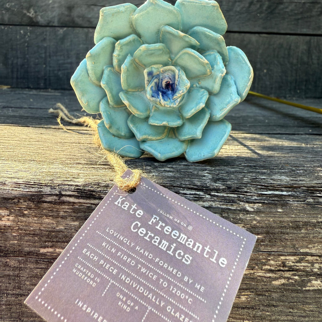 Handmade Blue Ceramic Flower on Metal Stem