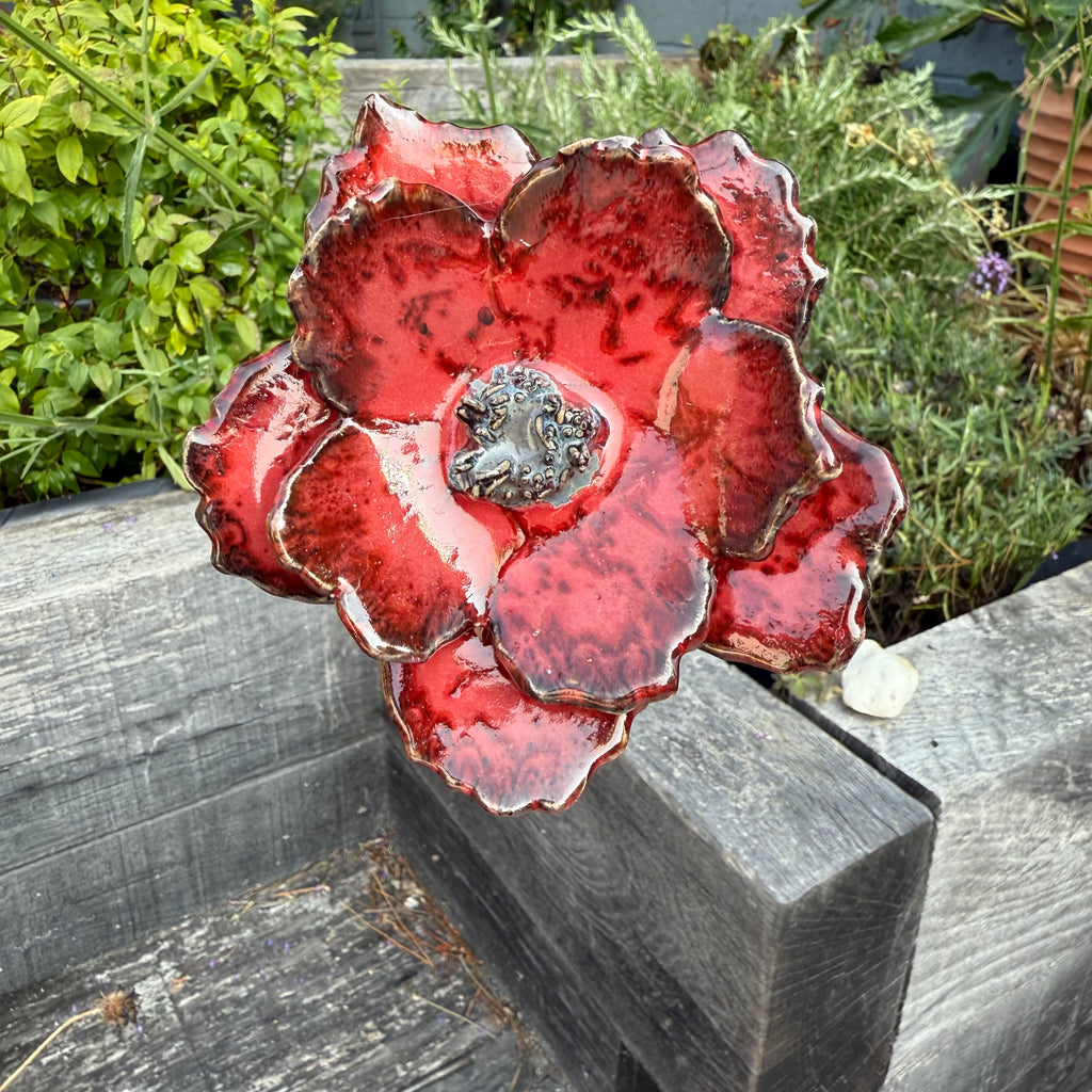 Red poppy garden ceramic flowers on tall metal stems