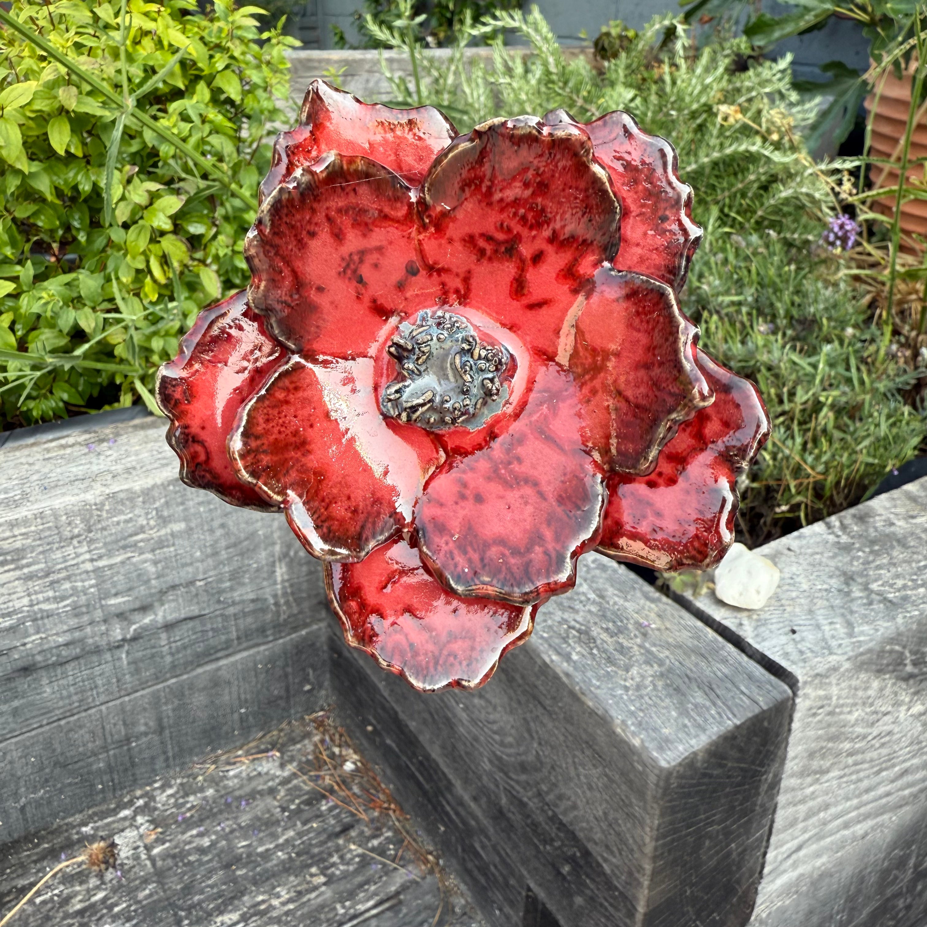 Red poppy garden ceramic flowers on tall metal stems