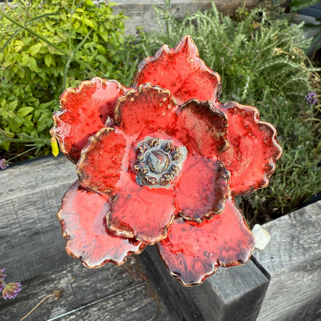 Red poppy garden ceramic flowers on tall metal stems