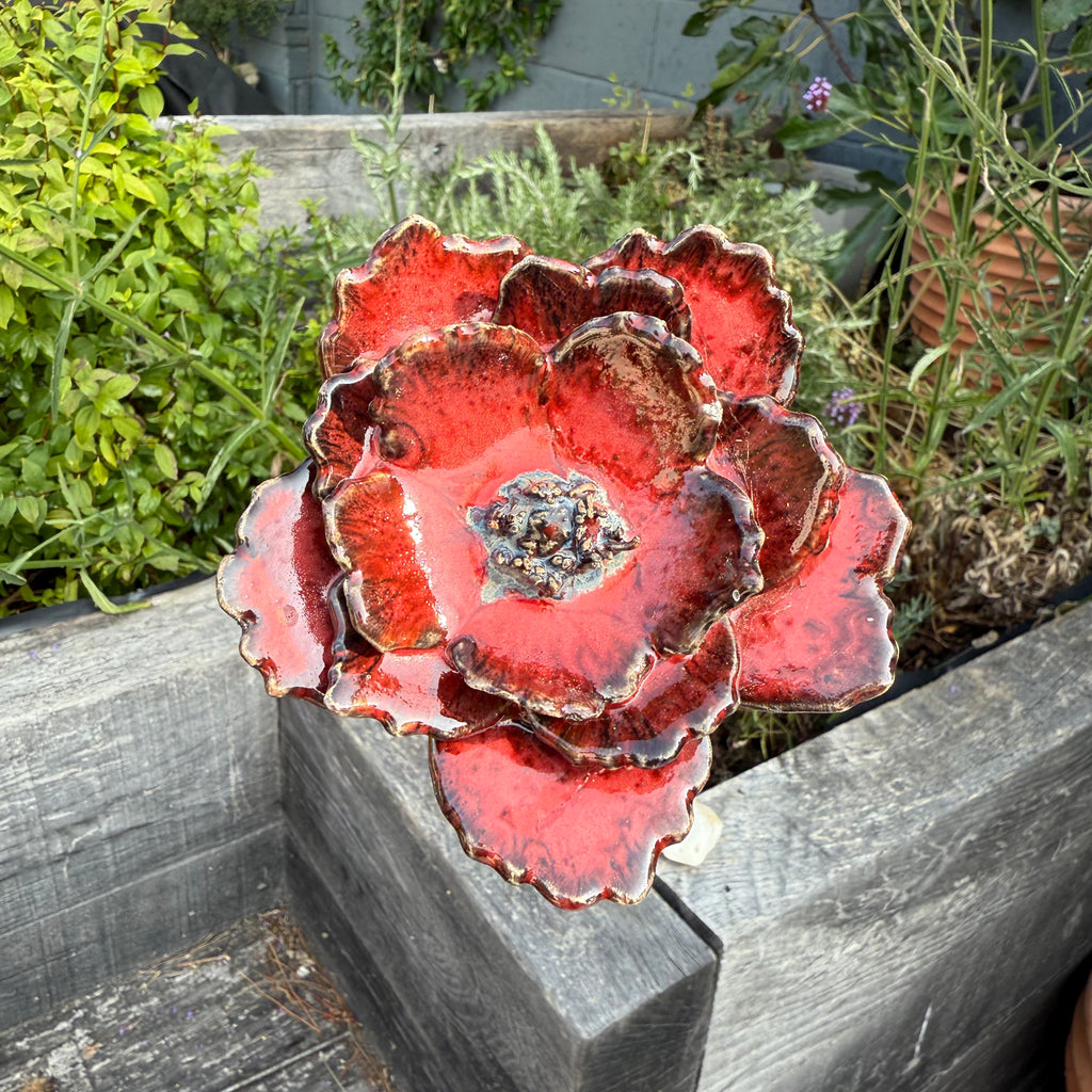 Red poppy garden ceramic flowers on tall metal stems