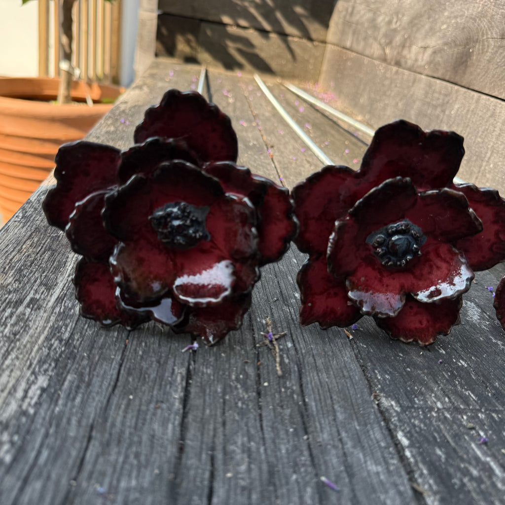 Red poppy garden ceramic flowers on tall metal stems