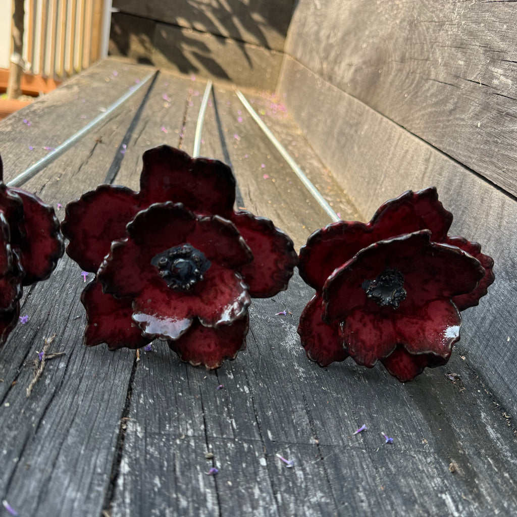 Red flower-shaped objects on a wooden surface