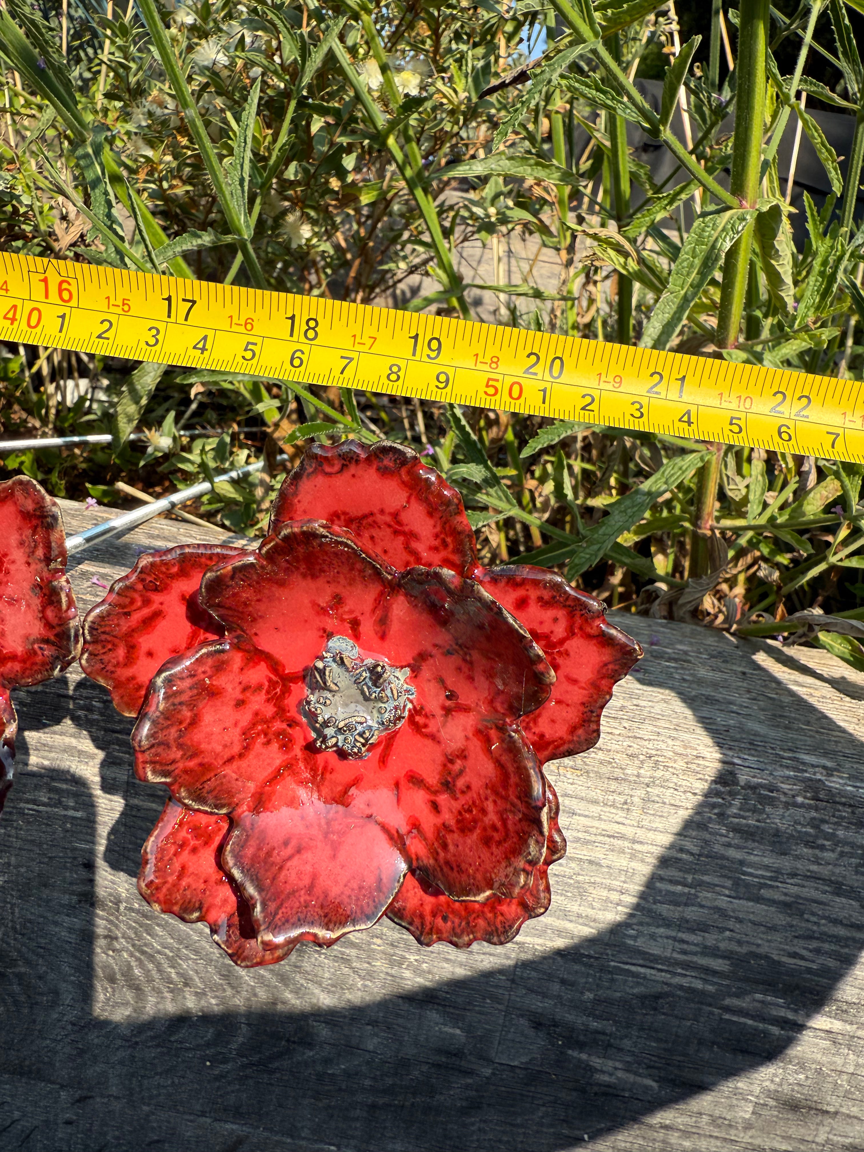 Red poppy garden ceramic flowers on tall metal stems