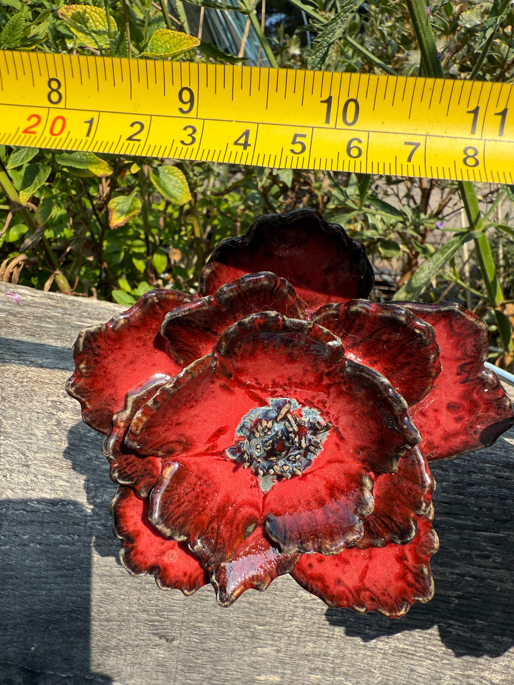 Red poppy garden ceramic flowers on tall metal stems