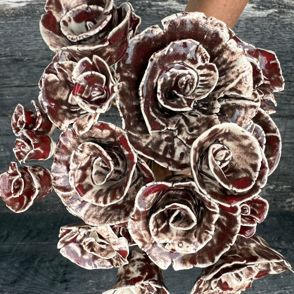 Mooloolaba Reds Roses A whole bouquet of 21 rustic reds ceramic roses - each on metal stem ...