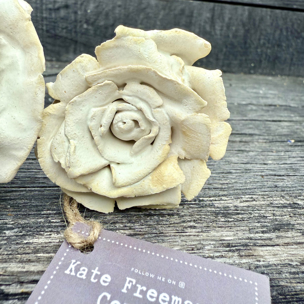 Handmade set of 2 ceramic matt white roses (each on a metal stem)