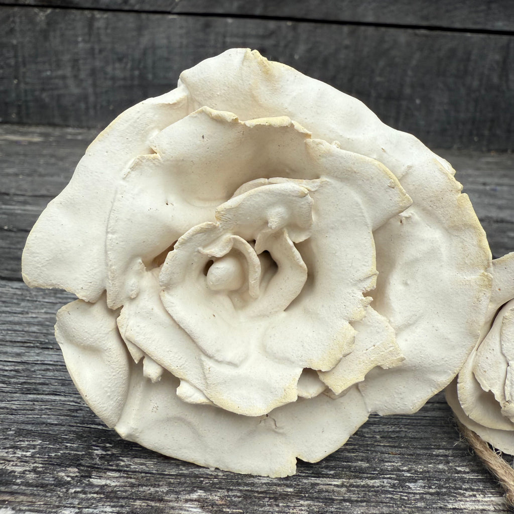 Handmade set of 2 ceramic matt white roses (each on a metal stem)