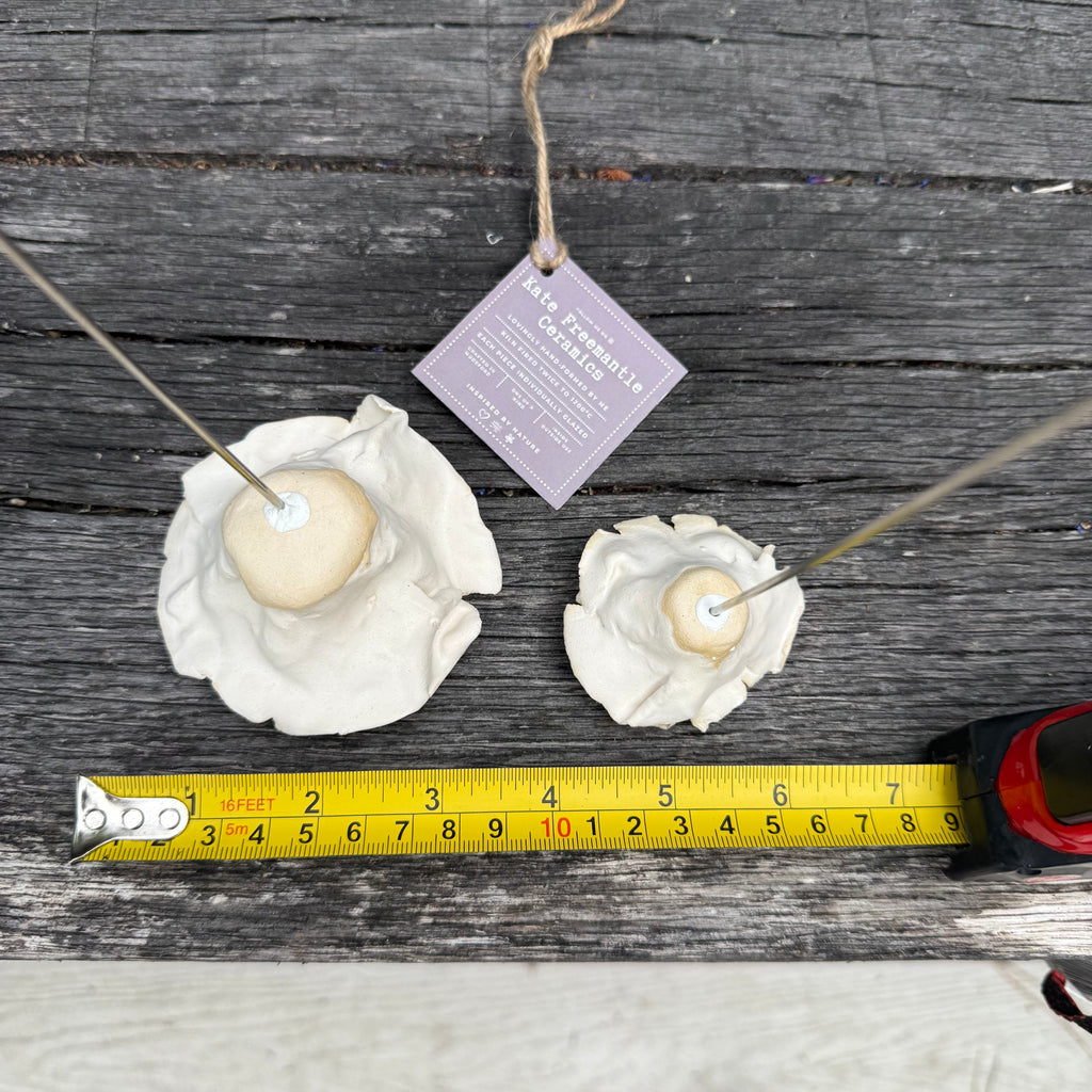 Handmade set of 2 ceramic matt white roses (each on a metal stem)