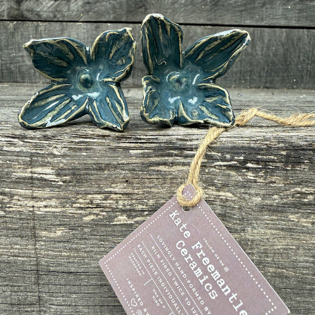 Handmade set of 2 ceramic stormy blue flowers (each on a metal stem)