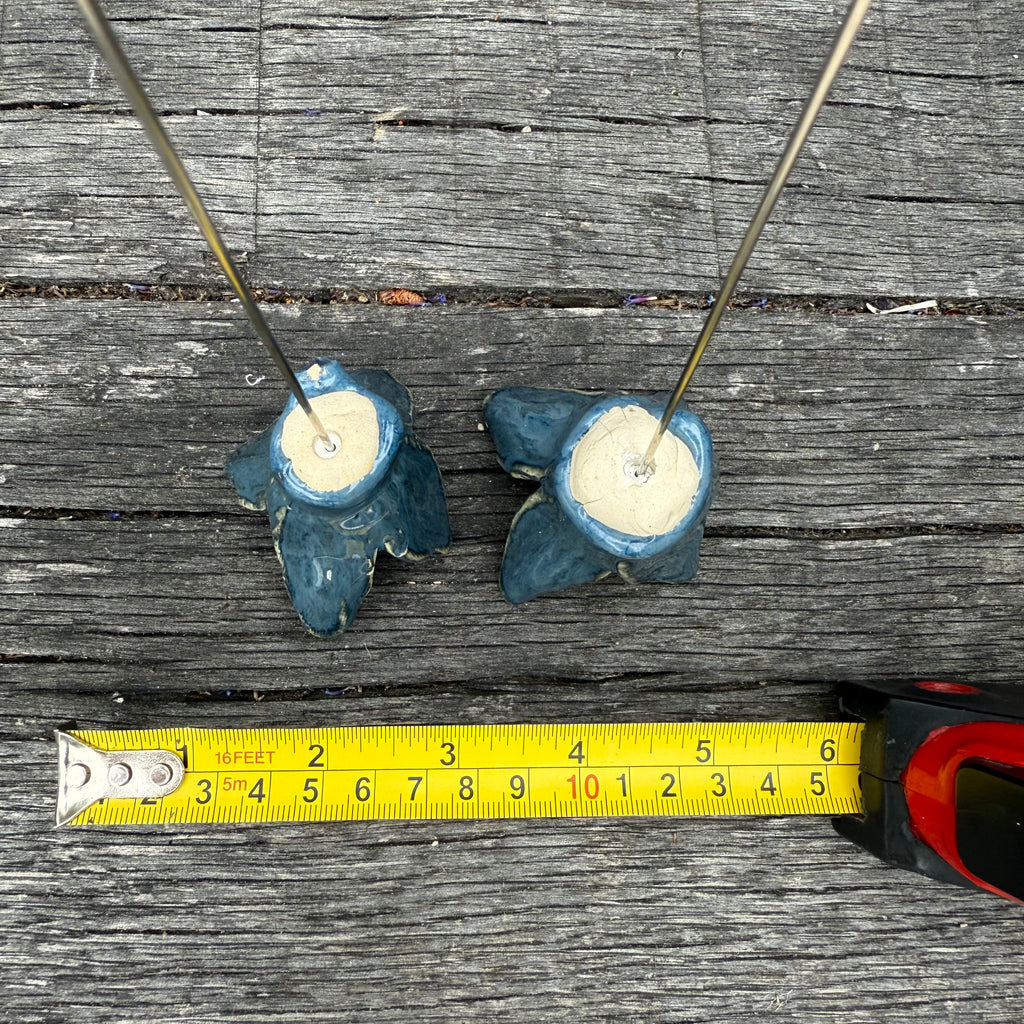 Handmade set of 2 ceramic stormy blue flowers (each on a metal stem)