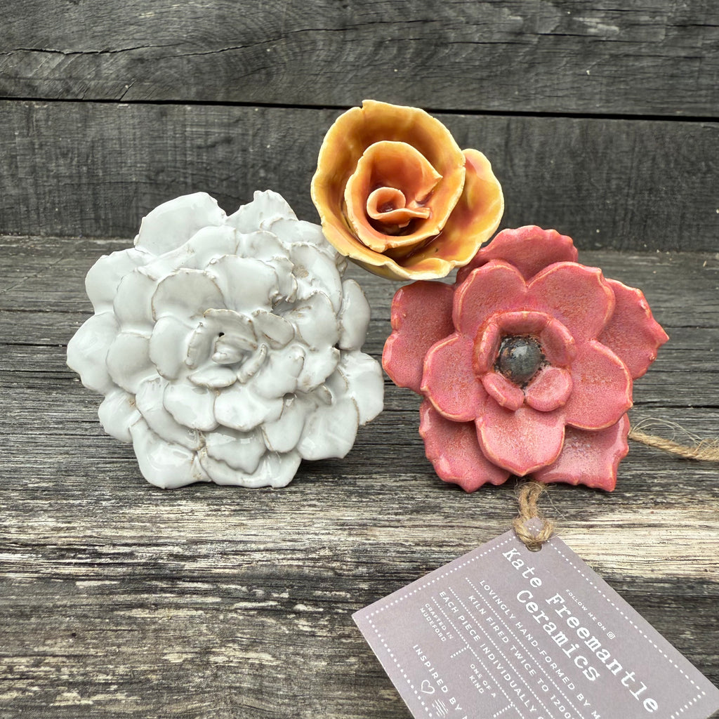 Handmade set of 3 ceramic flowers (each on a metal stem)