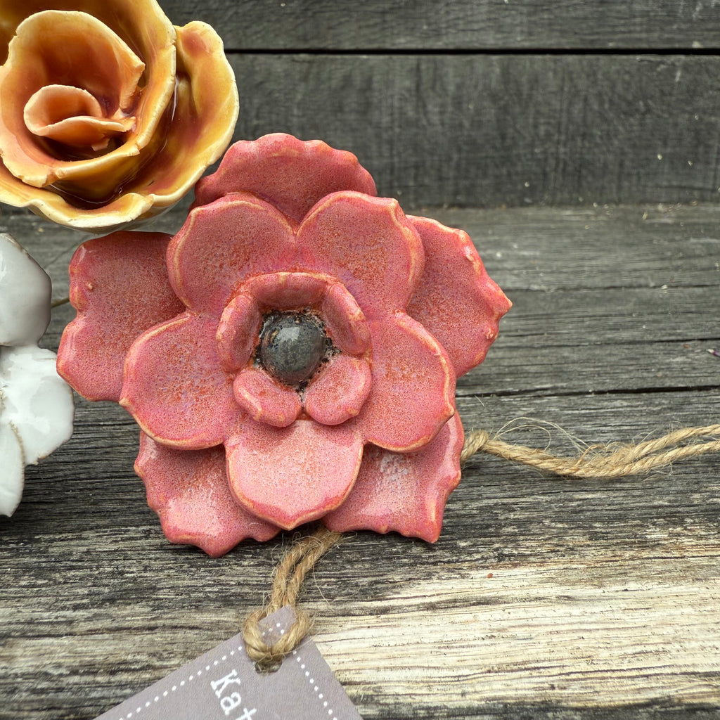 Handmade set of 3 ceramic flowers (each on a metal stem)