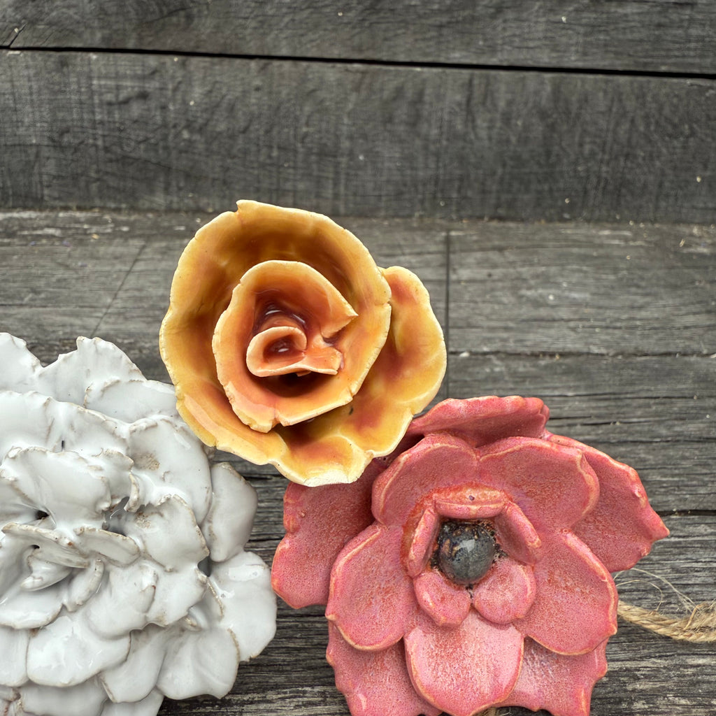 Handmade set of 3 ceramic flowers (each on a metal stem)