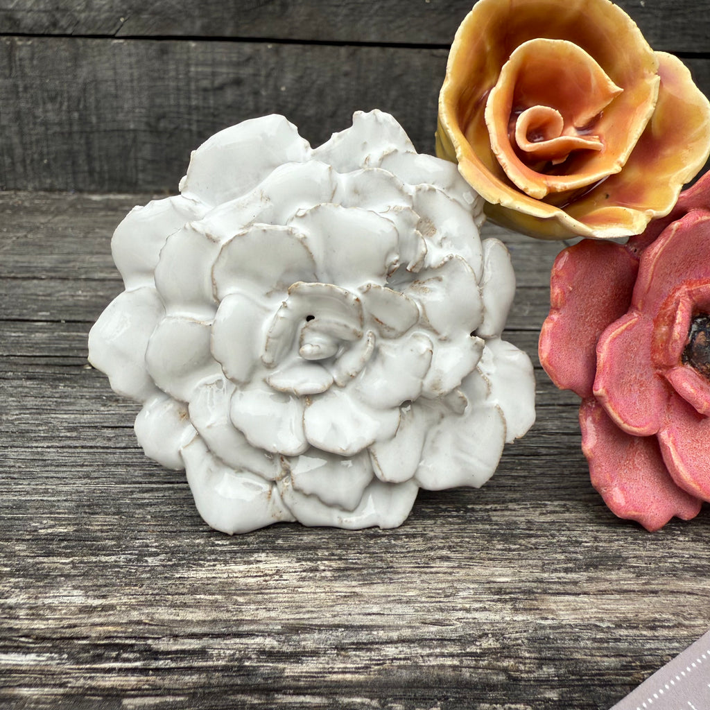 Handmade set of 3 ceramic flowers (each on a metal stem)