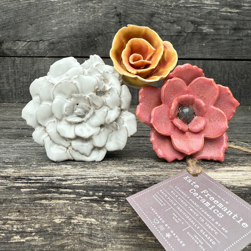 Handmade set of 3 ceramic flowers (each on a metal stem)