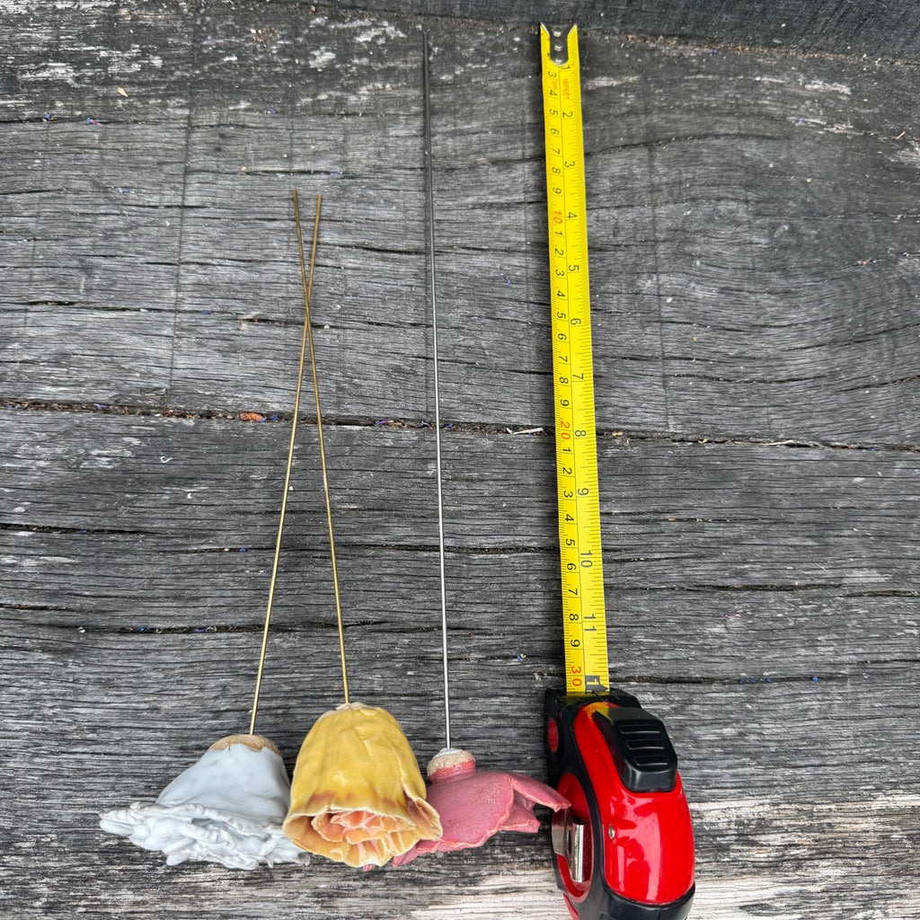 Handmade set of 3 ceramic flowers (each on a metal stem)