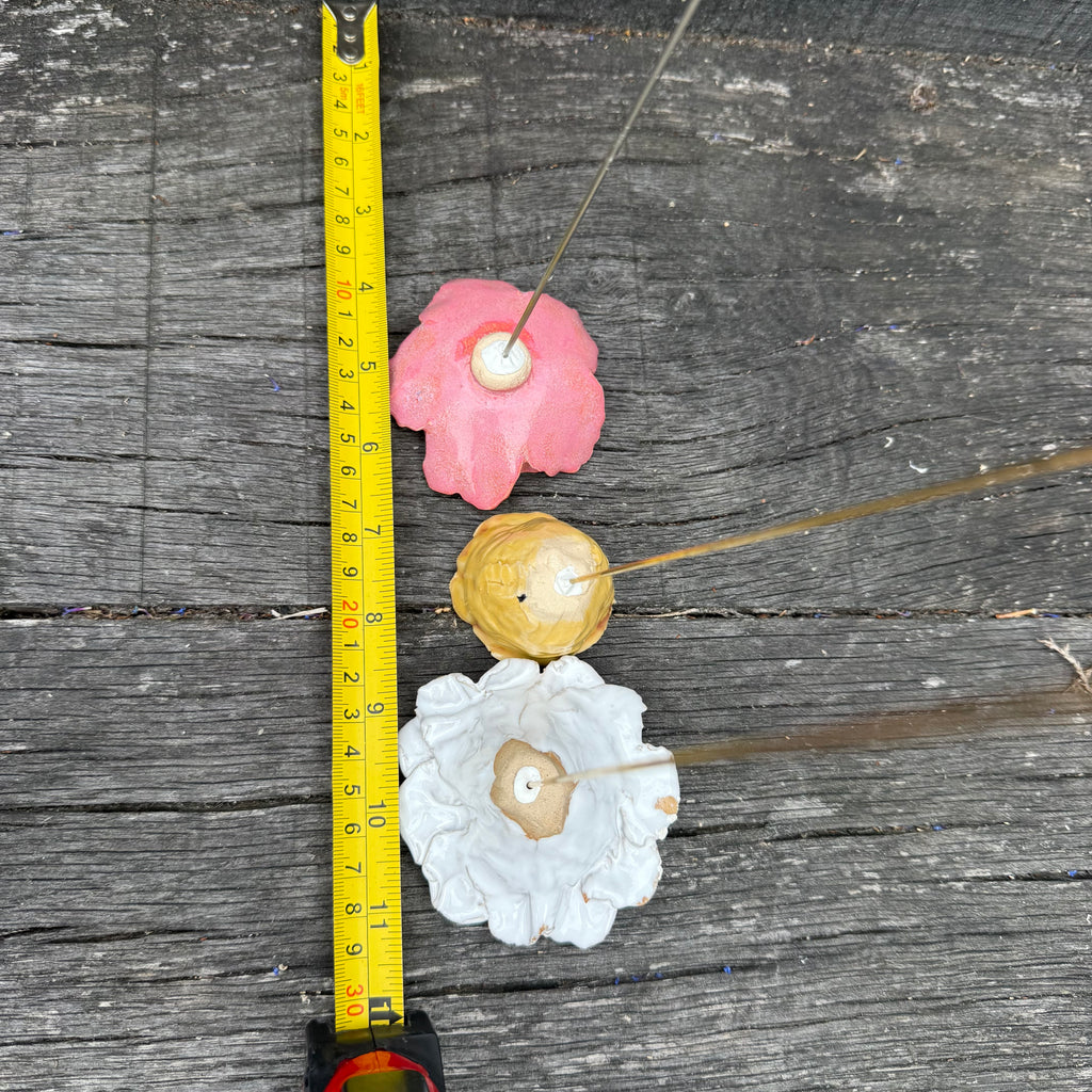 Handmade set of 3 ceramic flowers (each on a metal stem)