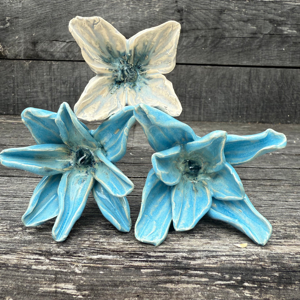Handmade set of 3 ceramic blue flowers (each on a metal stem)