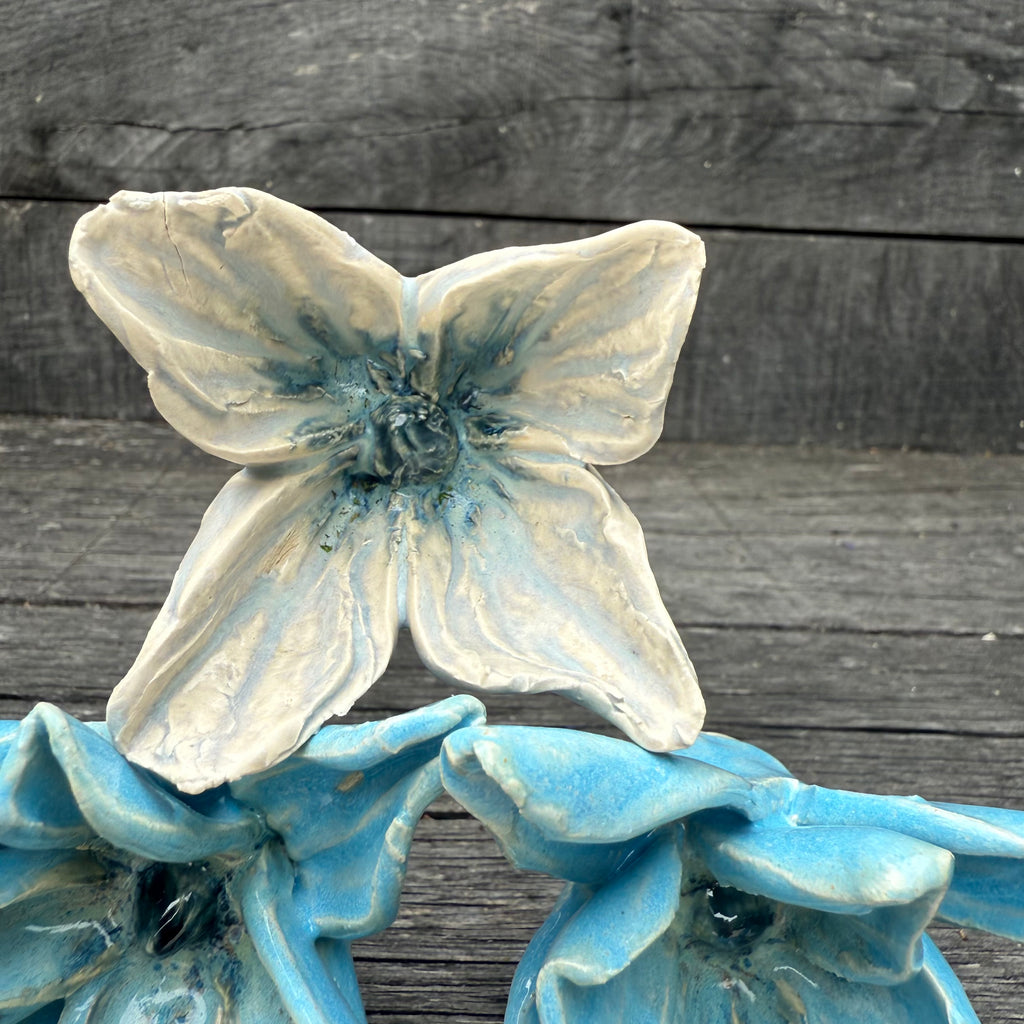 Handmade set of 3 ceramic blue flowers (each on a metal stem)