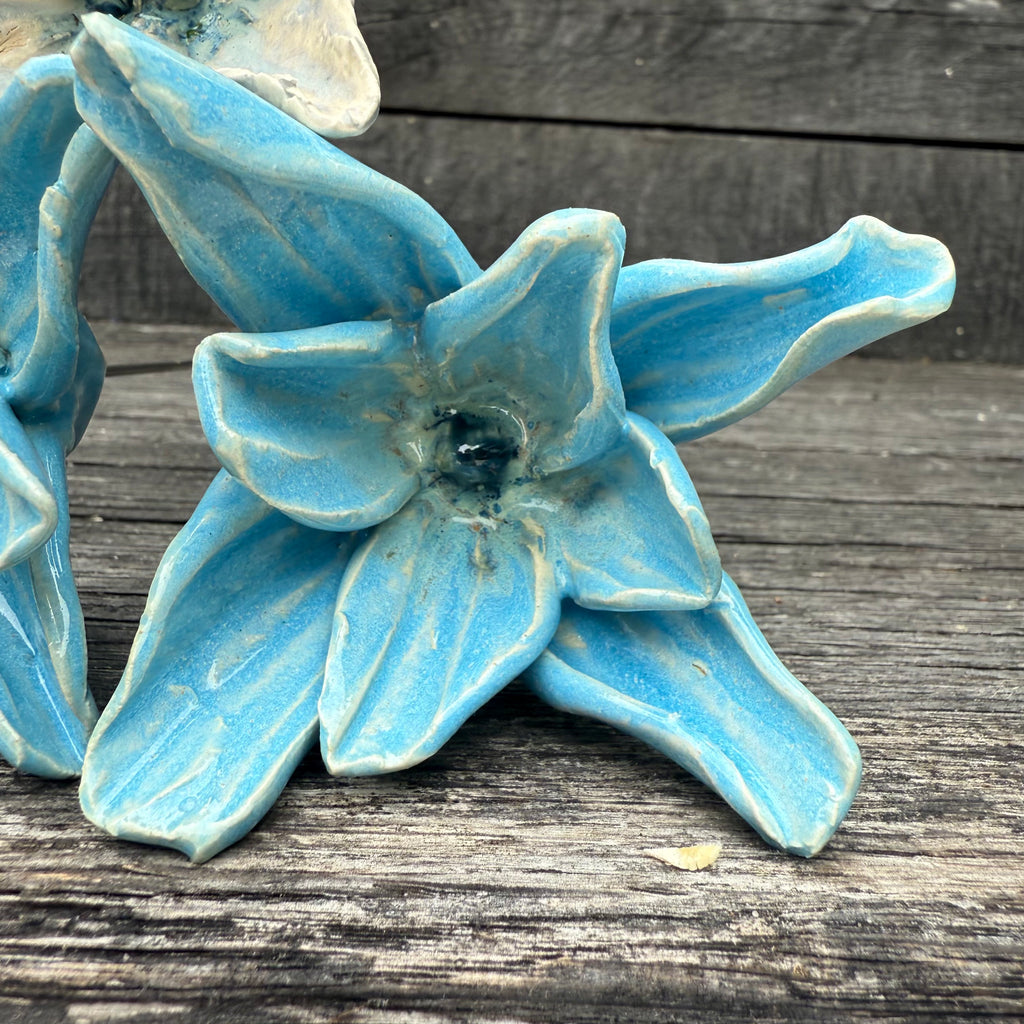 Handmade set of 3 ceramic blue flowers (each on a metal stem)