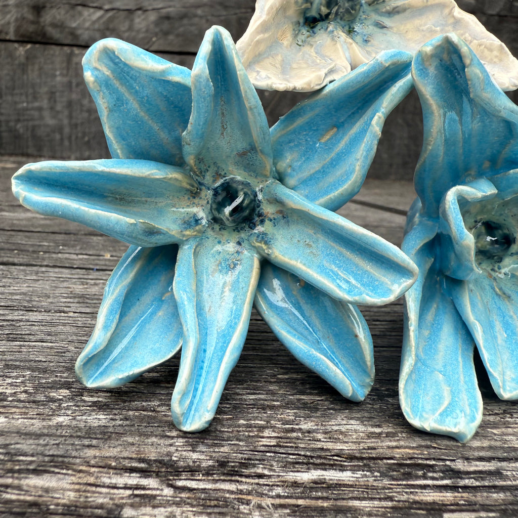Handmade set of 3 ceramic blue flowers (each on a metal stem)