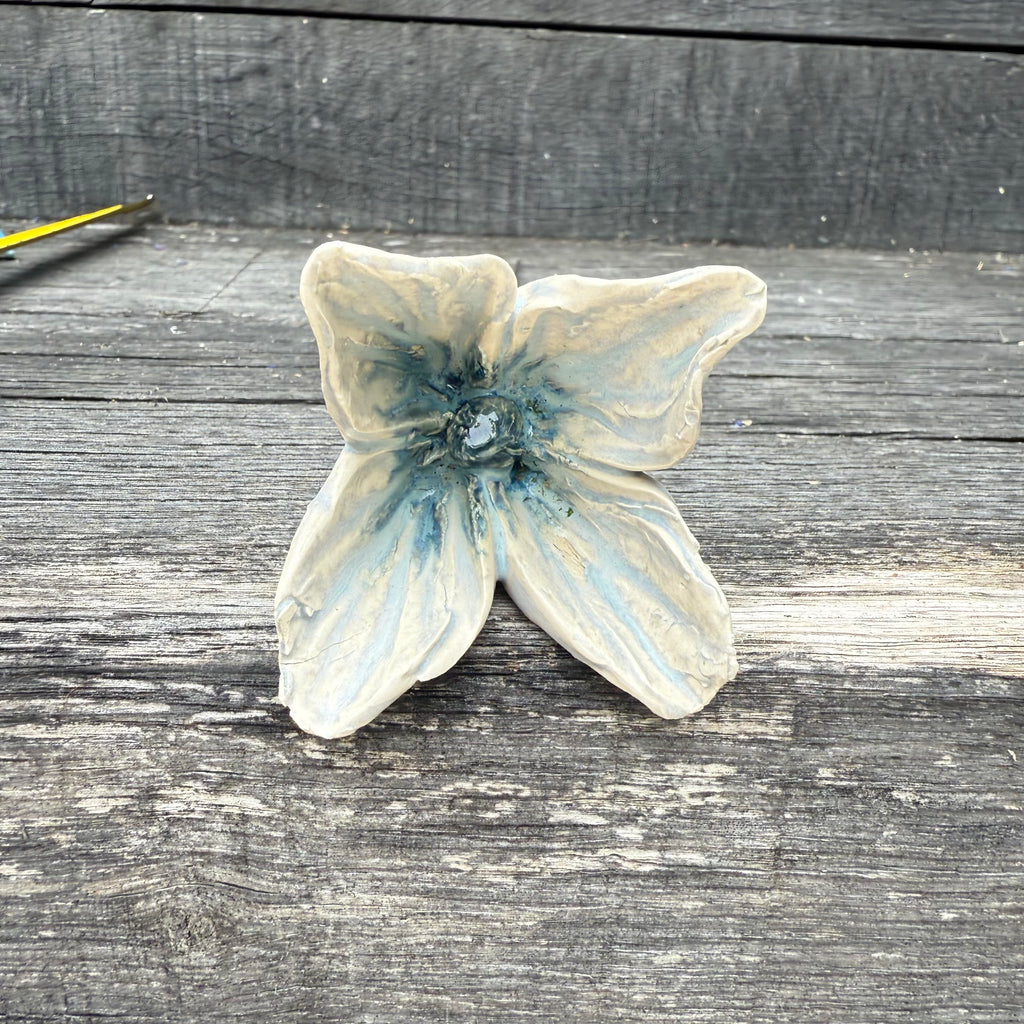 Handmade set of 3 ceramic blue flowers (each on a metal stem)