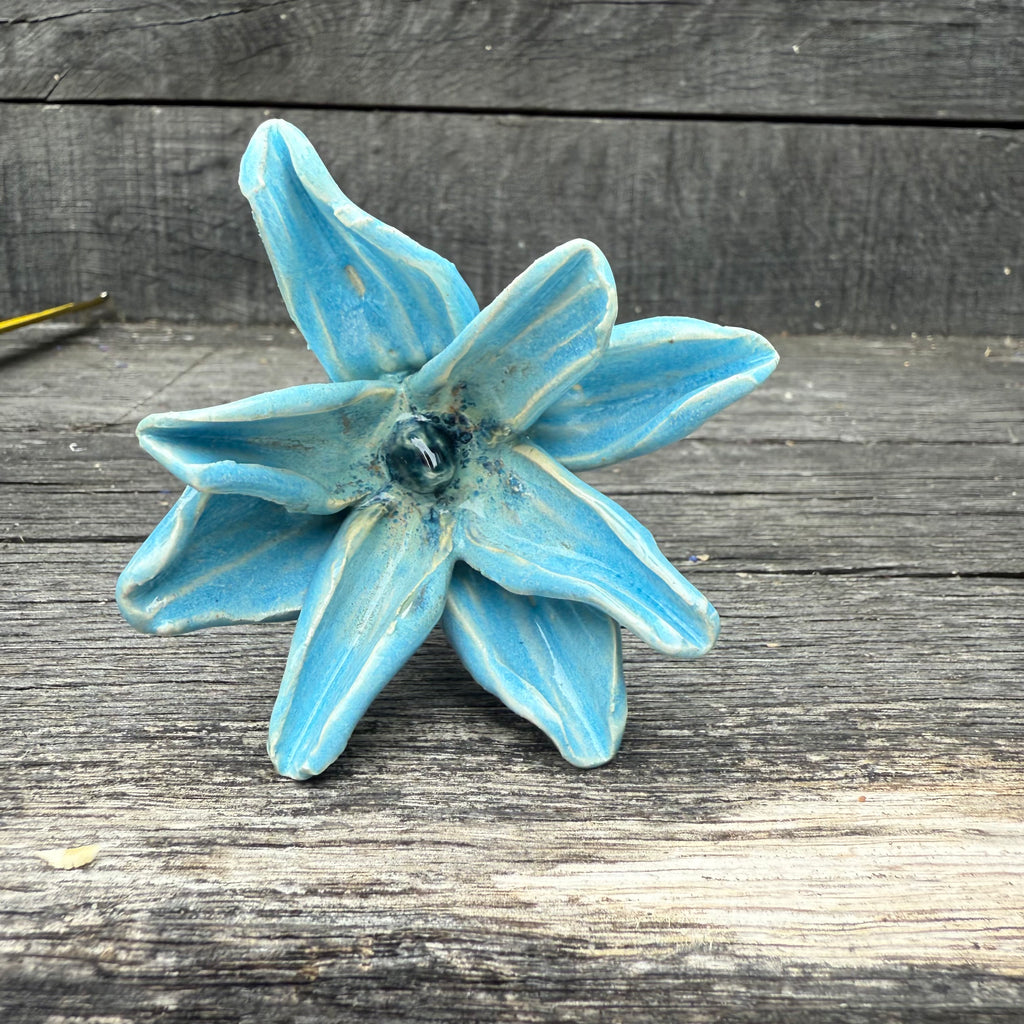 Handmade set of 3 ceramic blue flowers (each on a metal stem)