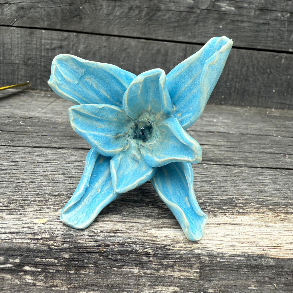 Handmade set of 3 ceramic blue flowers (each on a metal stem)