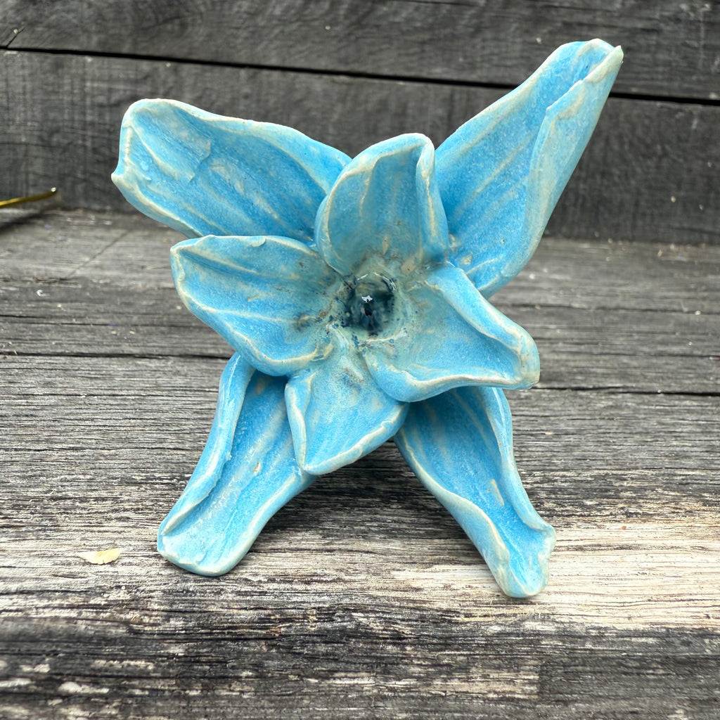 Handmade set of 3 ceramic blue flowers (each on a metal stem)