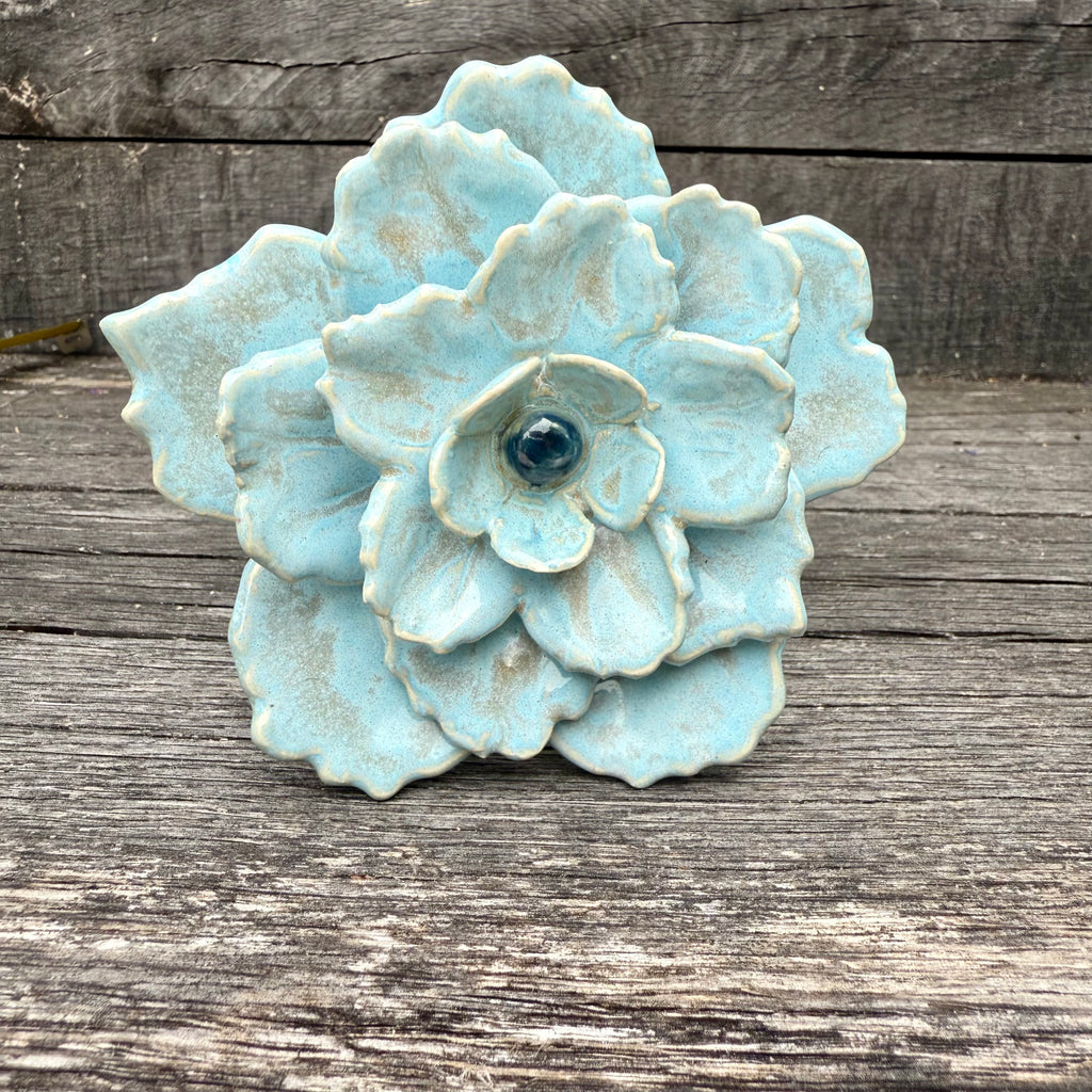 Handmade Soft Blue Ceramic Flower on Metal Stem