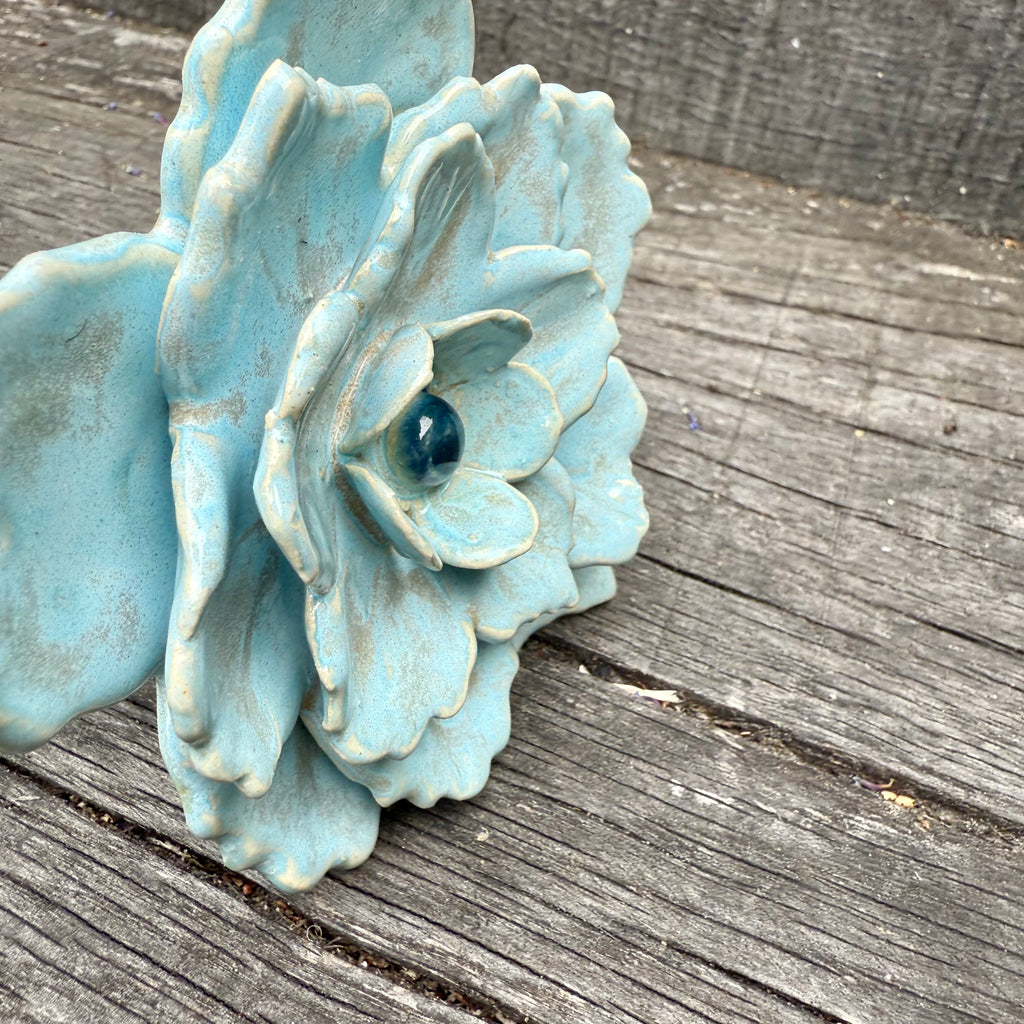 Handmade Soft Blue Ceramic Flower on Metal Stem