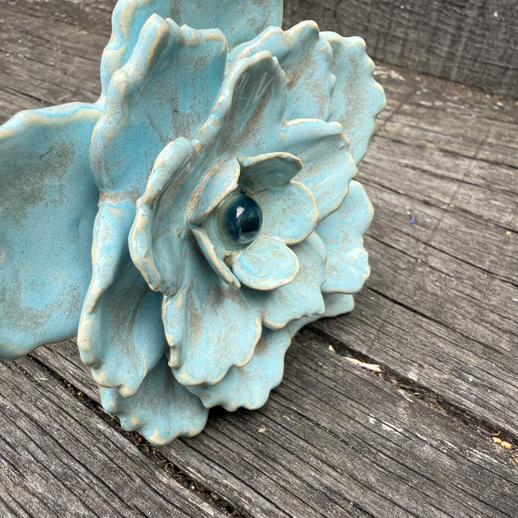 Handmade Soft Blue Ceramic Flower on Metal Stem