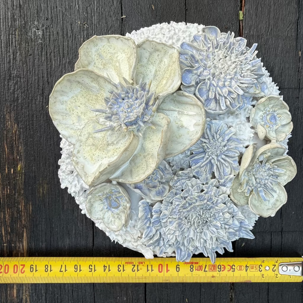Decorative floral wall art with a ruler for scale on a wooden background