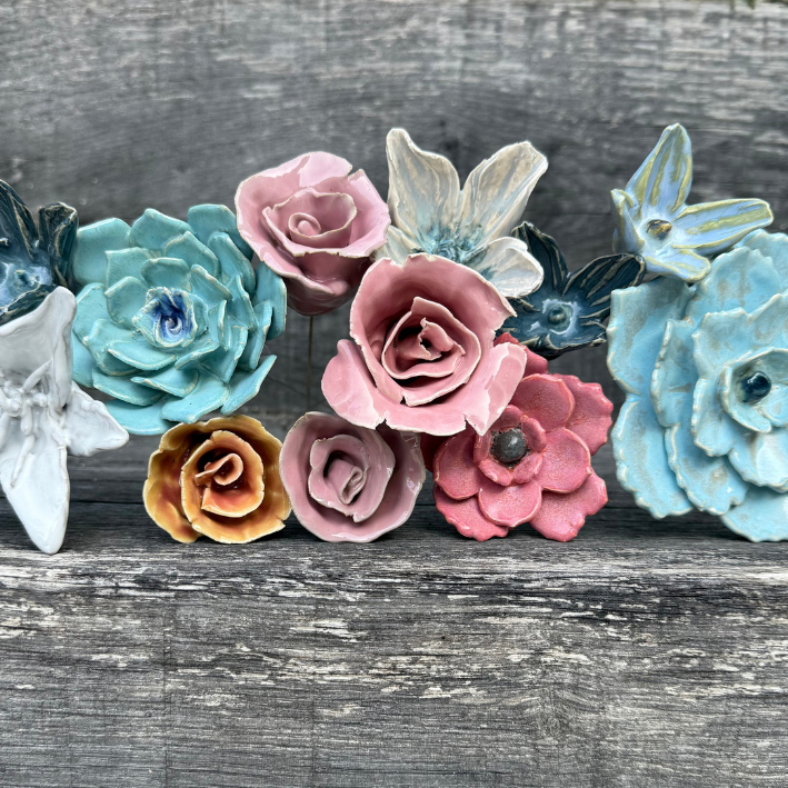 Handmade Blue Ceramic Flower on Metal Stem